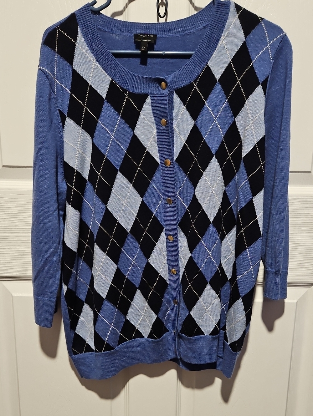 Talbots Light Blue and Navy Argyle Button-Front Cardigan
